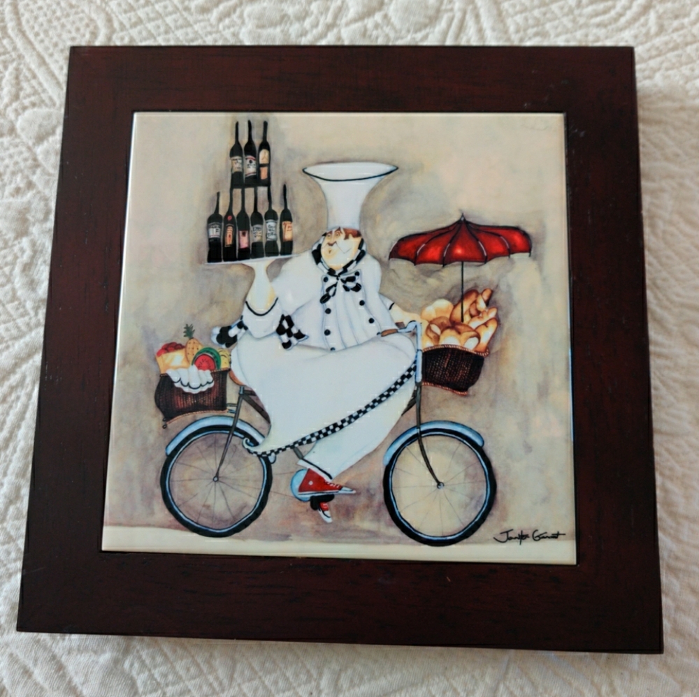 Jennifer Garant Fat Chef Bicycling With Wine, Bread & Fruit Delivery Tile